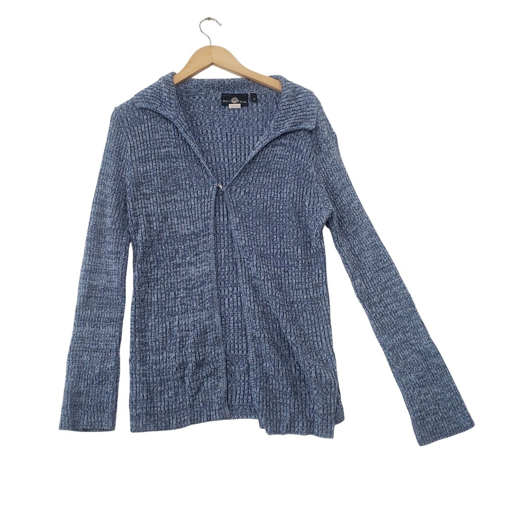 Its Our Time Cardigan Sweater M Blue Ribbed Knit Hook Eye Y2K Made in USA Lounge
